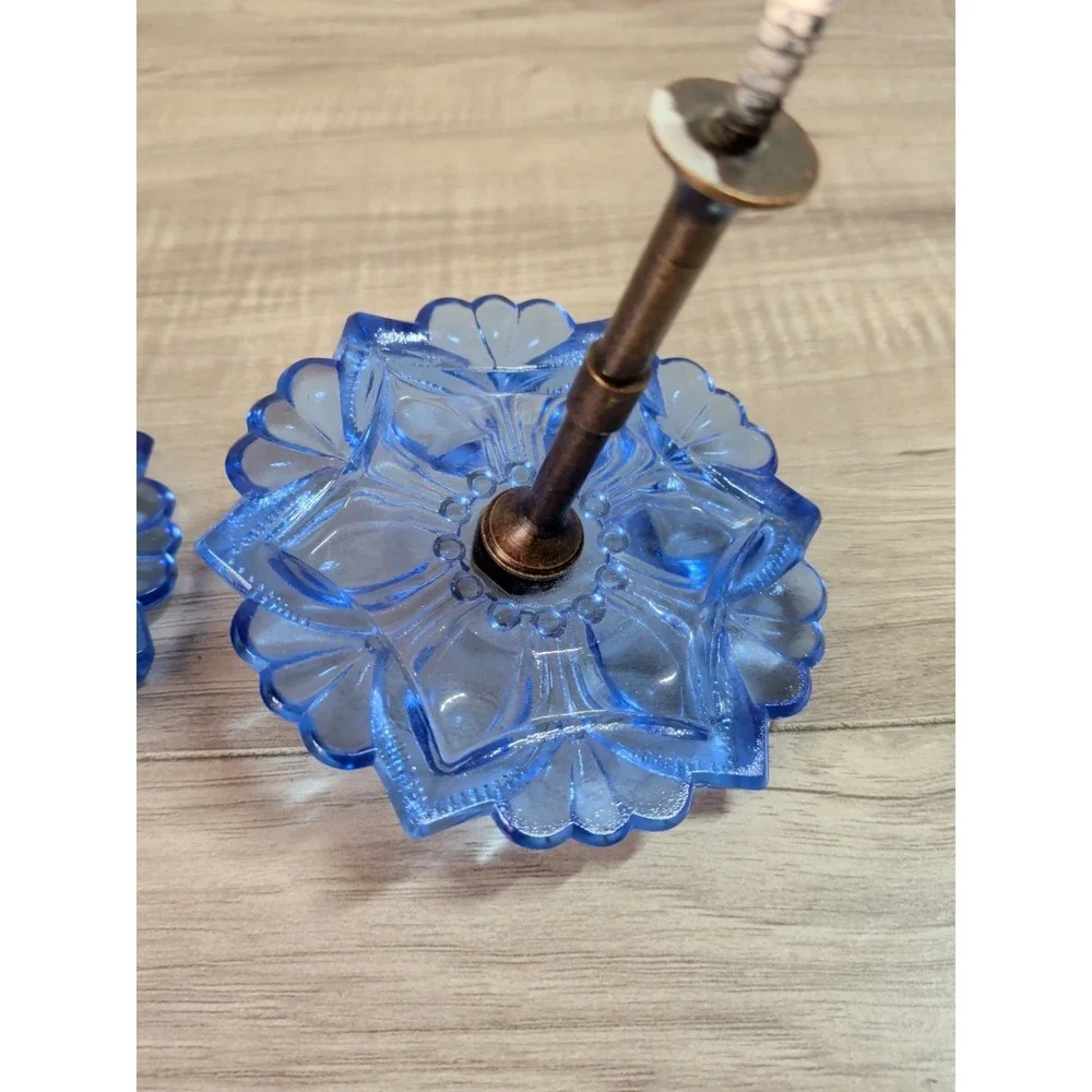Pressed Cobalt Blue Sandwich Curtain Tie Backs Flower Shape PAIR